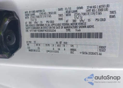 2015 Ford F-150 Xl z USA, uszkodzony, nr VIN 1FTMF1E86FKE53234